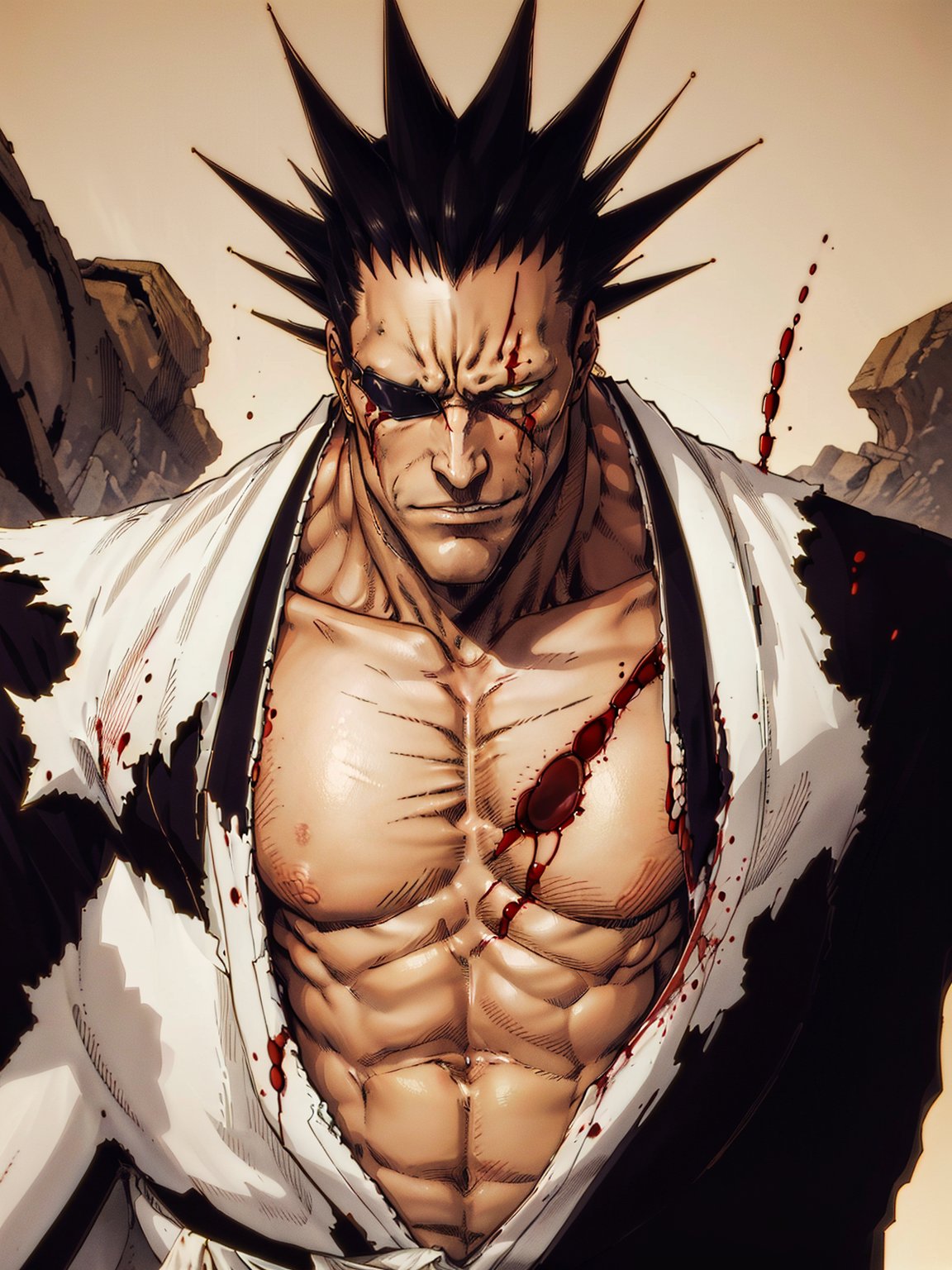 01895-743678276-masterpiece, best quality, Kenpachi Zaraki, eyepatch, spiked hair,  japanese clothes, blood, yellow light, atmospheric,.jpg